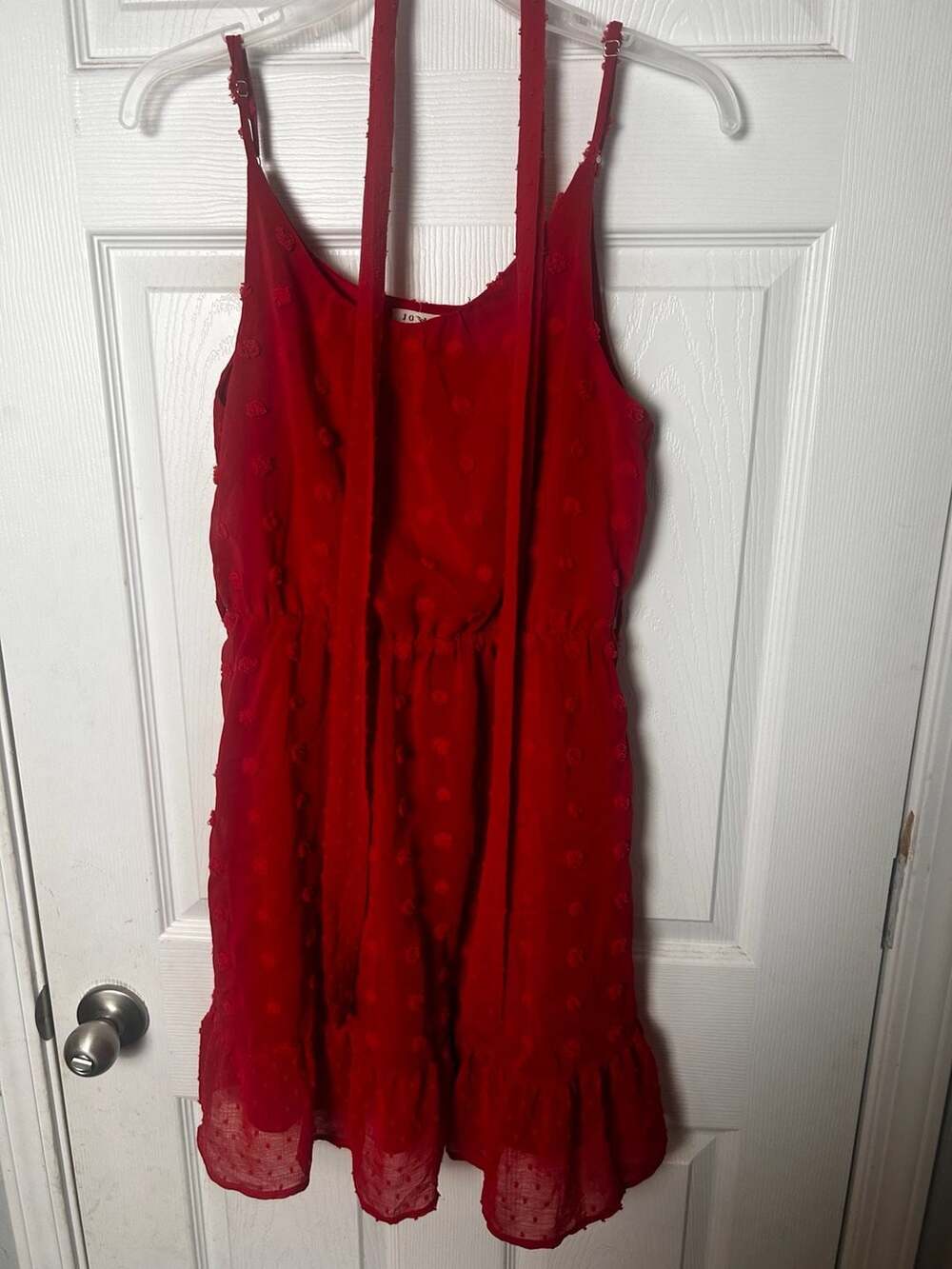 Jodifl Red Swiss Dot Spaghetti Strap Tie Waist Mini Dress Size S